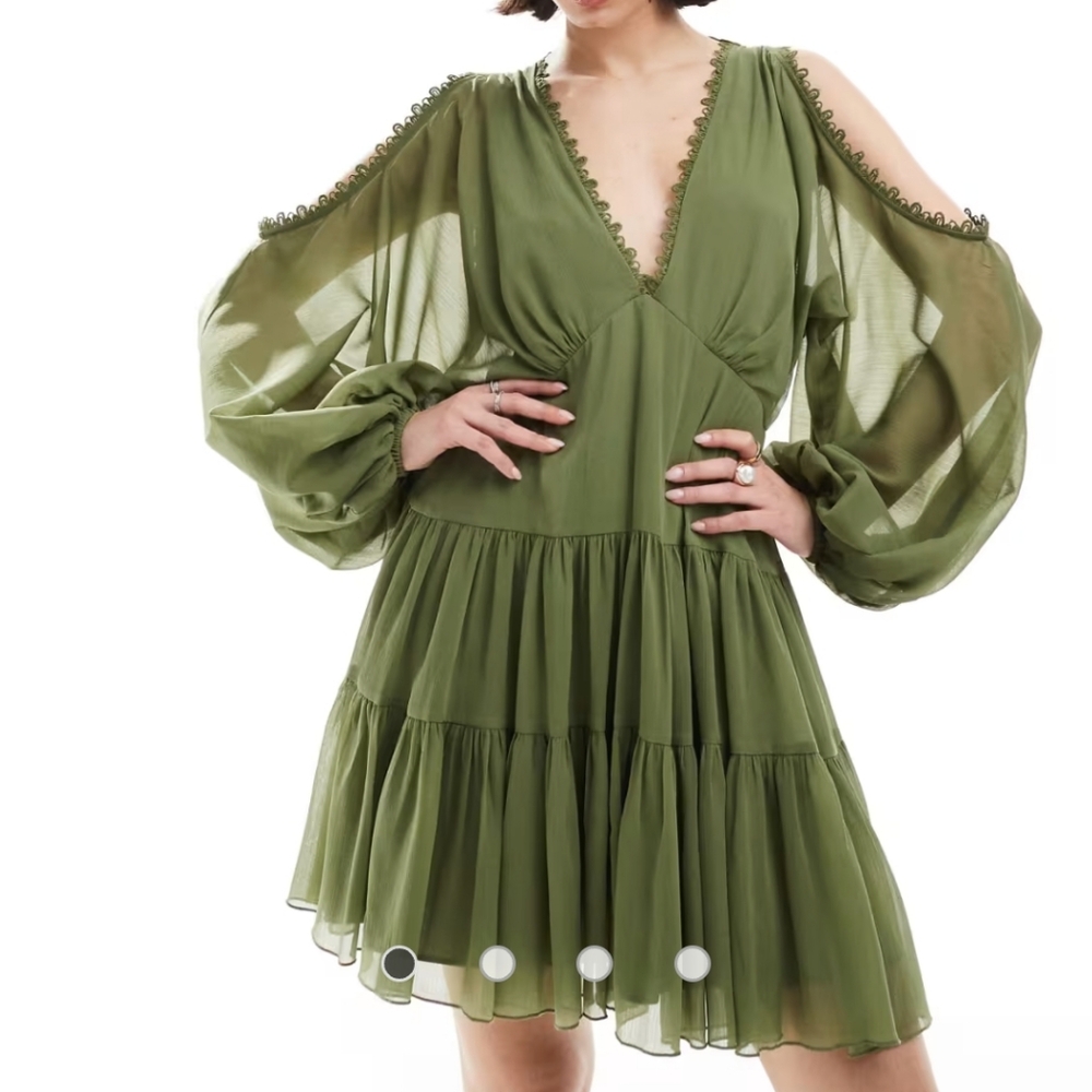 ASOS DESIGN Green cold shoulder Lace tiered mini dress 8